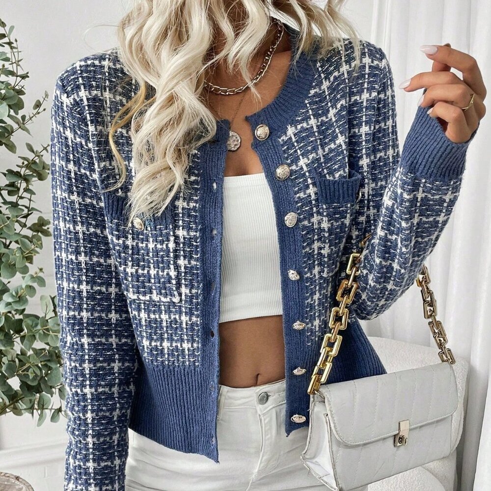 Dusty Blue Casual Women's Button-Front Long Sleeve Cardigan